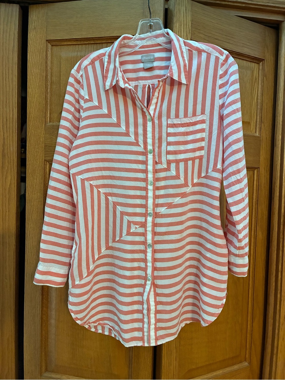 Chico's Coral and White Striped Button-Down Shirt
